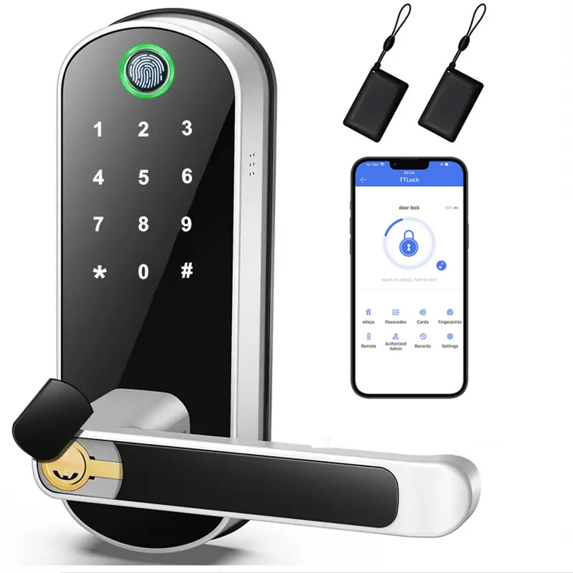 5 in 1 Corded Aluminum Smart Lock Deadbolt, Keyless Entry Door Lock with Fingerprint Digital, APP Control in Silver